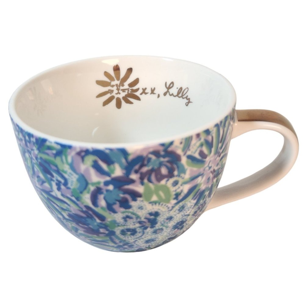 Lilly Pulitzer Blue & White Floral Coffee Mug with Gold Handle 12 oz